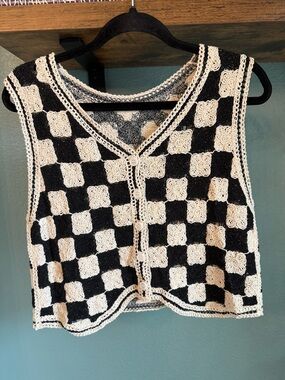 Handmade Crochet Checkerboard Vest Black Cream Granny Square Crop Indie